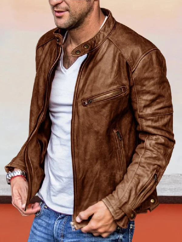 New Markdowns Solid Color Zipper PU Leather Jacket