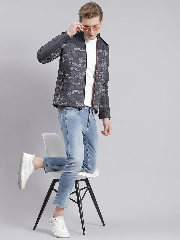 Savings Alert Men Grey Printed Hooded Full Sleeve Jackets