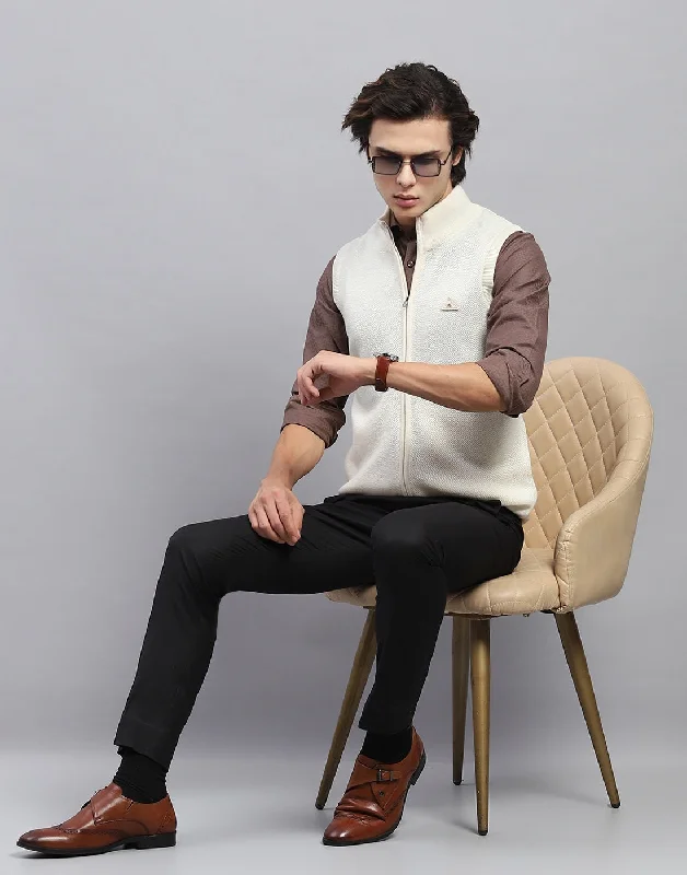 Epic Deals Men Off White Solid Mock Neck Sleeveless Jacket