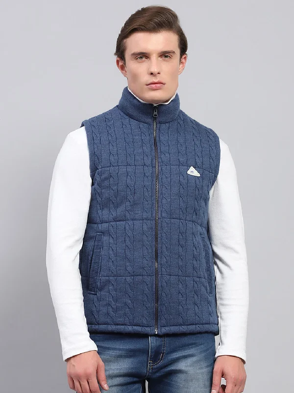 Last Chance Men Blue Self Design Mock Neck Sleeveless Jacket