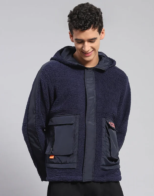 Warehouse Sale Men Navy Blue Solid Hooded Full Sleeve Jacket