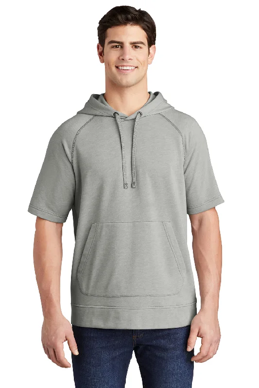 Instant Deal Sport-Tek Mens Moisture Wicking Fleece Short Sleeve Hooded Sweatshirt Hoodie w/ Pouch Pocket - Heather Light Grey