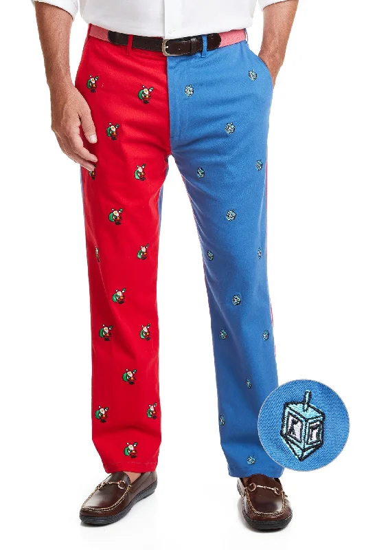 Deal Explosion Harbor Pant Deep Ocean Blue and Bright Red Panel with Dreidel and Santa