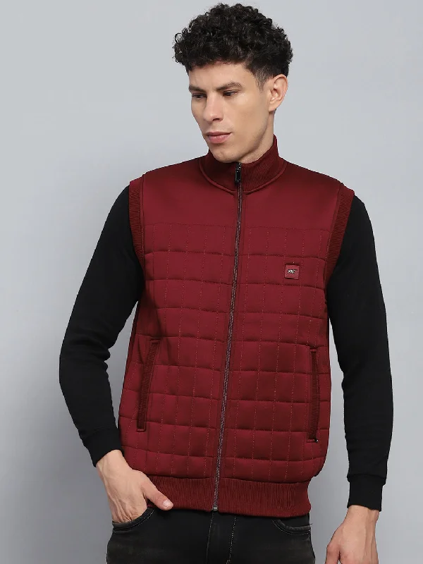 Super Deal Men Maroon Self Design Mock Neck Sleeveless Jacket