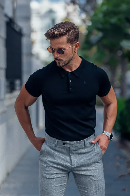 Weekend Wonders Await! Father Sons Classic Black Merino Wool Knitted Polo Jumper Short Sleeve With FS Embroidery- FSN022 Weekend Wonders Await! Father Sons Classic Black Merino Wool Knitted Polo Jumper Short Sleeve With FS Embroidery- FSN022
