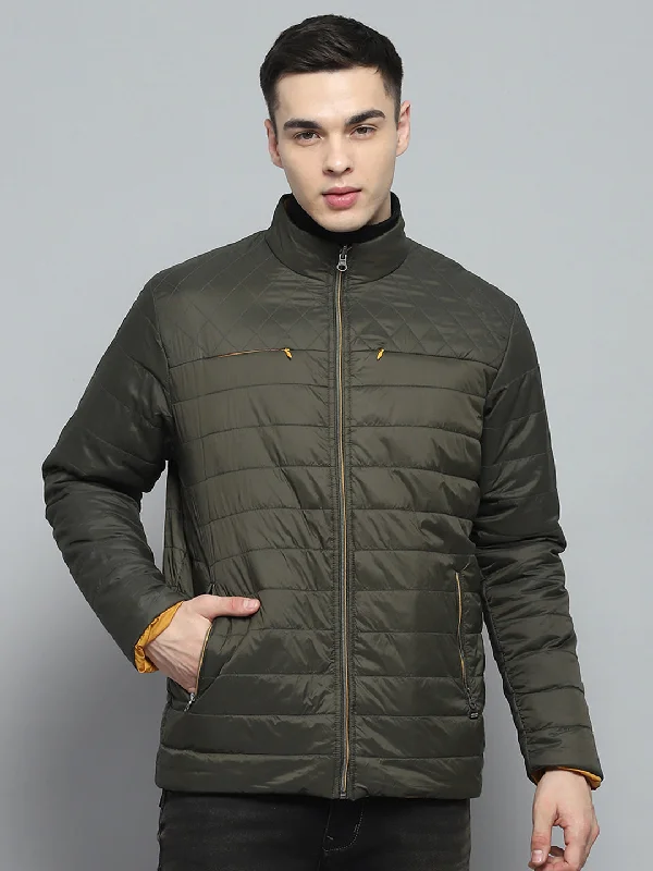 Price Drop Alert Men Olive Solid Mock Neck Full Sleeve Reversible Jacket