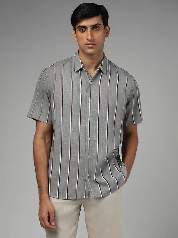 Steals and Deals Ascot Grey Striped Relaxed-Fit Blended Linen Shirt