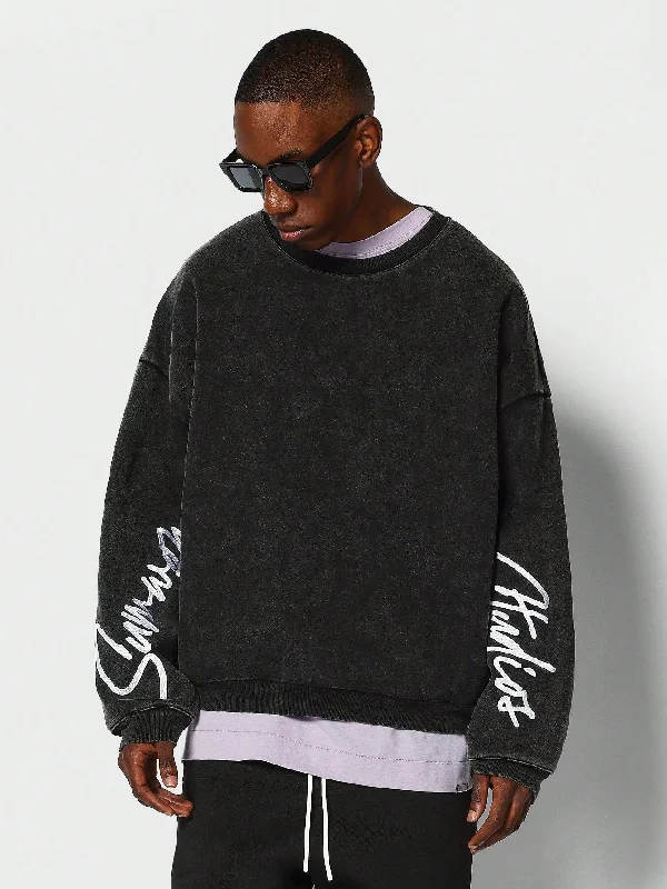 Weekend Deals You Can't Resist Oversized Fit Drop Shoulder Washed Sweatshirt With Embroidered Sleeves