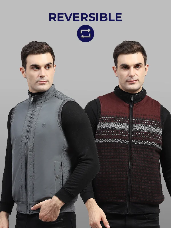 Grand Opening Sale Men Grey Solid Mock Neck Sleeveless Reversible Jacket