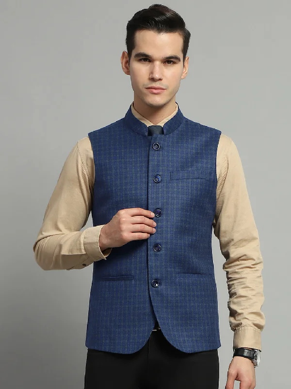 New Deals Men Blue Solid Band Collar Sleeveless Jacket