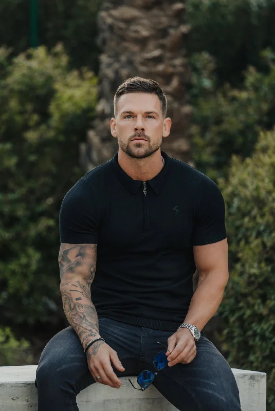 Midnight Madness Father Sons Classic Black Merino Wool Knitted Zip Polo Short Sleeve Jumper With FS Embroidery- FSN023 Midnight Madness Father Sons Classic Black Merino Wool Knitted Zip Polo Short Sleeve Jumper With FS Embroidery- FSN023
