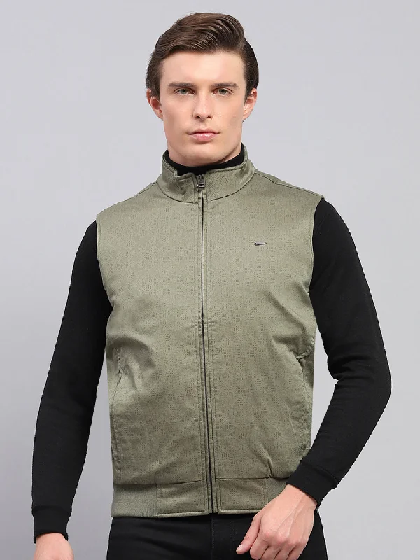 Limited Stock Men Olive Solid Mock Neck Sleeveless Jacket