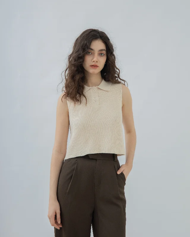 Markdown Sale Bella Sleeveless Polo Knit Top (Beige)
