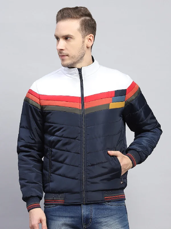 Bargain Blast Men Navy Blue Solid Mock Neck Full Sleeve Jacket