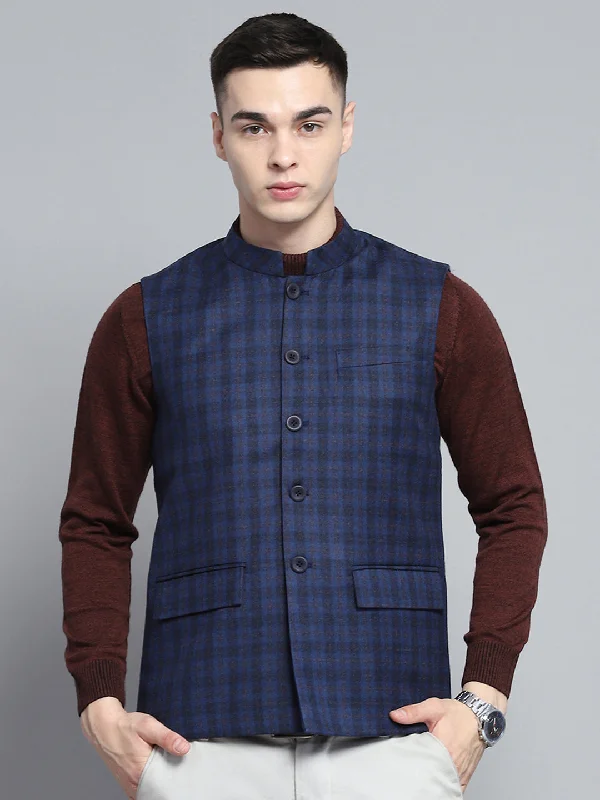 Final Clearance Men Blue Solid Band Collar Sleeveless Jacket