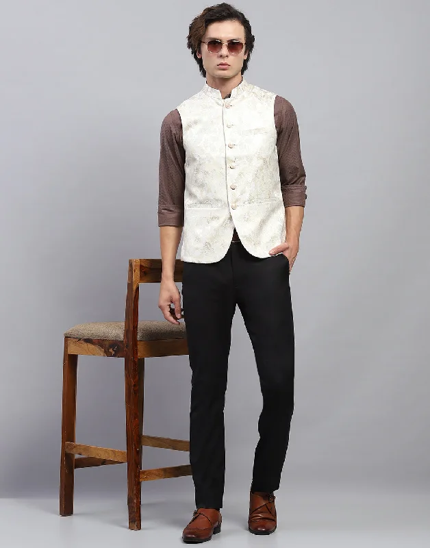 Online Only Men Cream Floral Print Band Collar Sleeveless Nehru Jacket