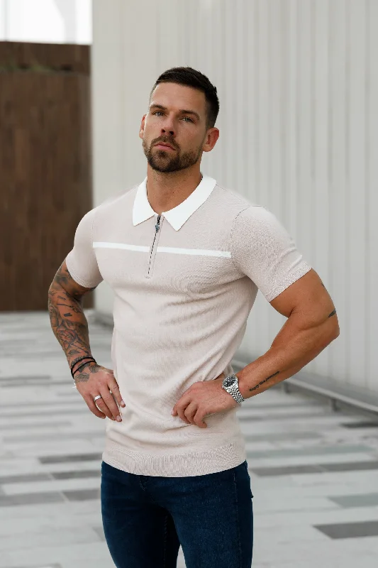 Weekend Savings Spectacle Father Sons Classic Beige / White Horizontal Stripe Zipped Polo Short Sleeve - FSN041 Weekend Savings Spectacle Father Sons Classic Beige / White Horizontal Stripe Zipped Polo Short Sleeve - FSN041