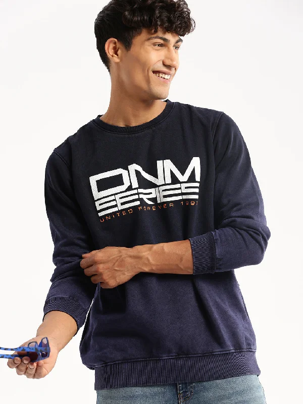 New Deals Men Navy Blue Round Neck Typography Pullover