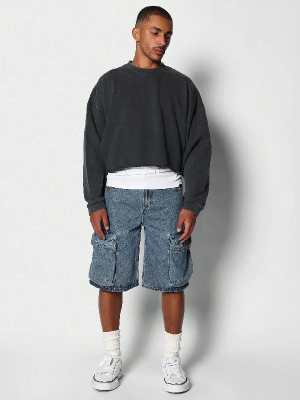Weekend Discounts to Enjoy Crop Fit Raw Edge Premium Washed Sweatshirt