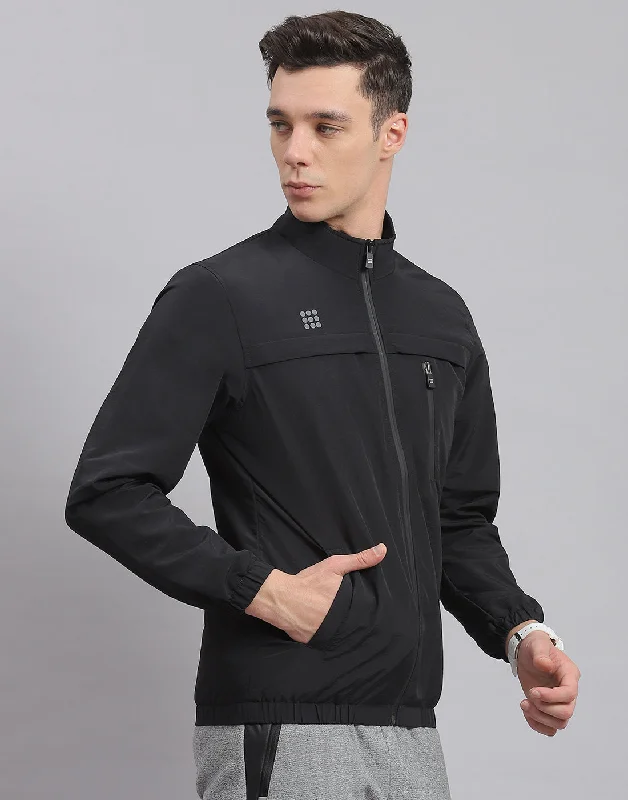 Hot Deal Men Black Solid Stand Collar Full Sleeve Jacket