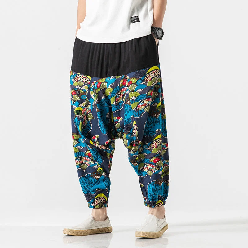 Time-Limited Offer Linen Chinese Style Harem Pants Fans Pattern Loose Pants