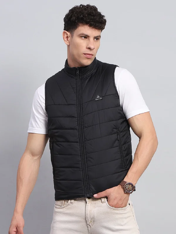 Limited Time Discount Men Black Solid Mock Neck Sleeveless Jacket