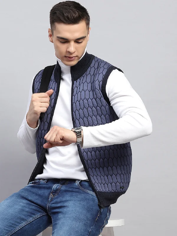 Bargain Prices Men Navy Blue Self Design Mock Neck Sleeveless Jacket