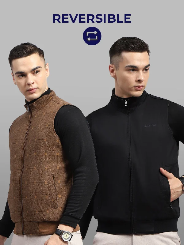 Markdown Madness Men Black & Brown Self Design Mock Neck Sleeveless Reversible Jacket