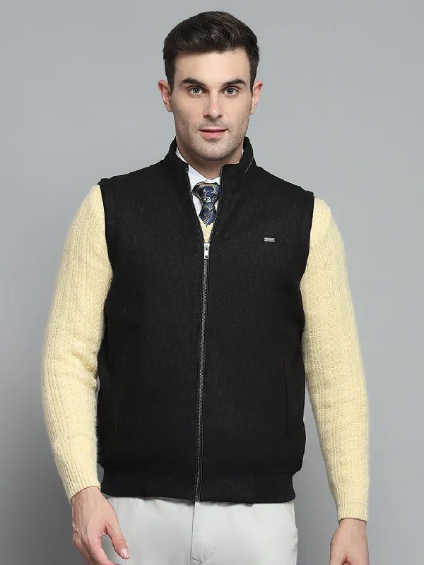 Instant Discount Men Black Solid Mock Neck Sleeveless Jacket
