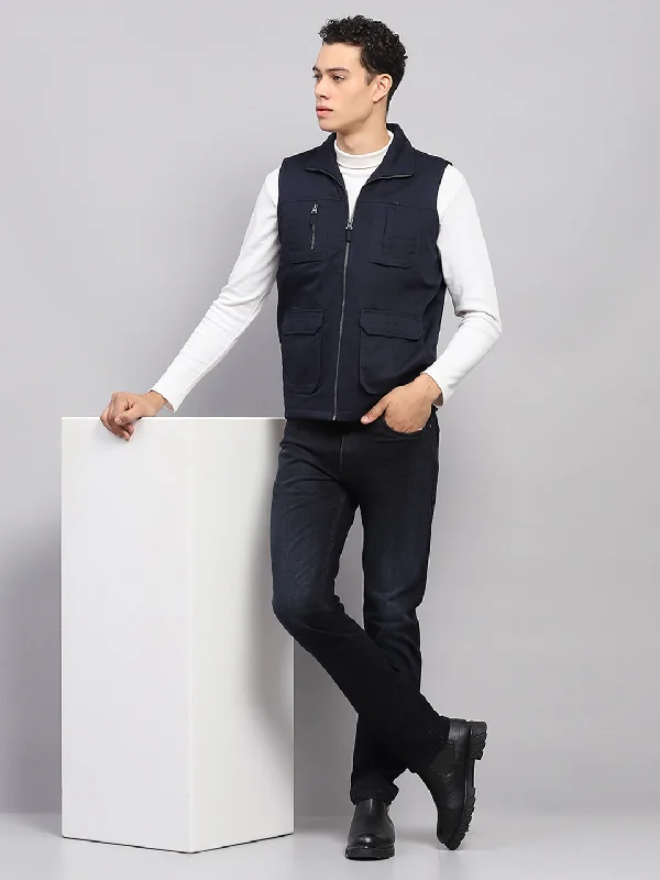 Can't Miss Men Navy Blue Solid Mock Neck Sleeveless Jacket