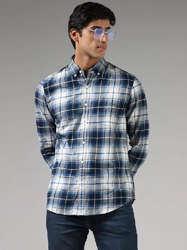 Midnight Sale WES Casuals Blue Lindsay Checked Cotton Slim-Fit Shirt
