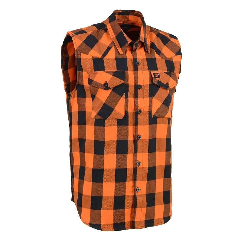 Steal Deal Milwaukee Leather MPM1655 Men’s Classic Black and Orange Button-Down Flannel Cut Off Sleeveless Casual Shirt
