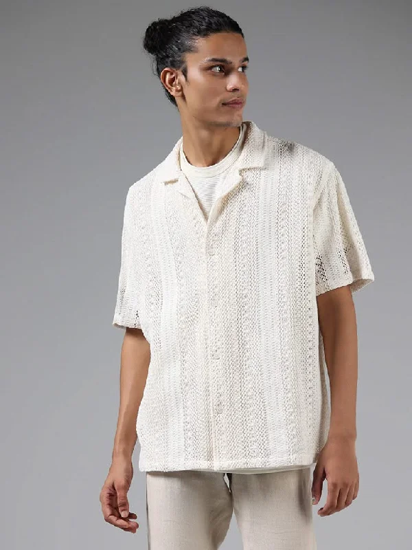 Savings Galore ETA Off White Crochet Cotton Resort-Fit Shirt
