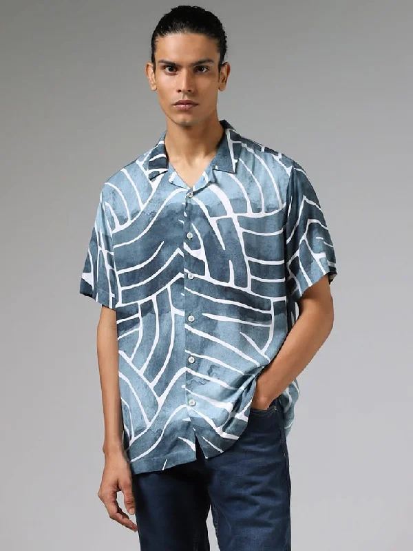 Weekend Deal Nuon Blue Abstract Printed Relaxed-Fit Shirt