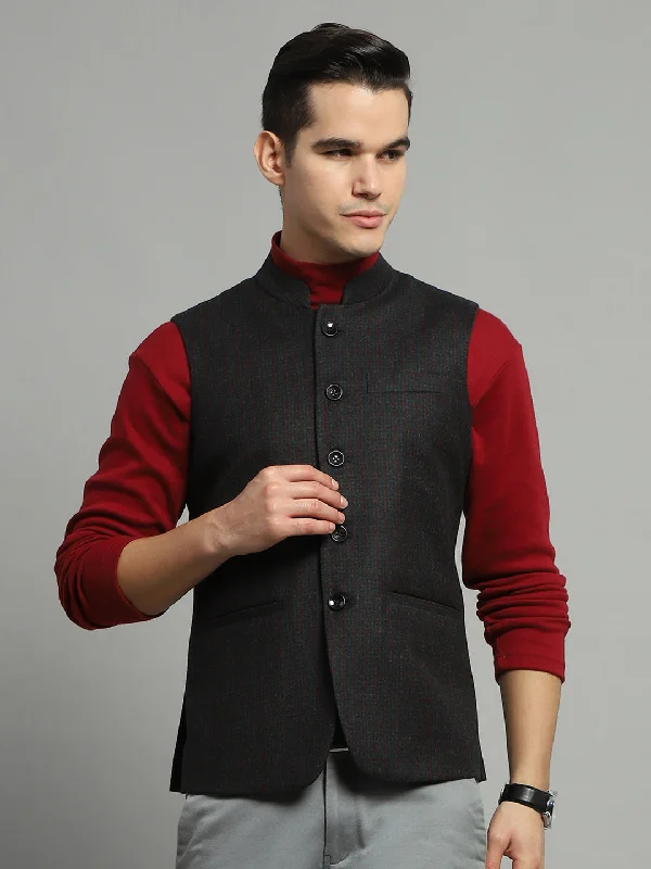 Price Rollback Men Charcoal Solid Band Collar Sleeveless Jacket