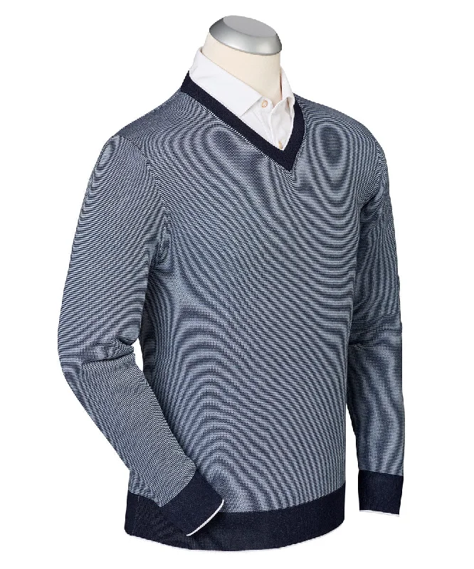 Weekend Deals That Amaze Luxe 100% Mercerized Cotton Hairline Stripe V-Neck Sweater