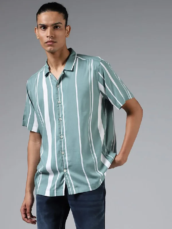 Overstock Sale Nuon Aqua Green Striped Relaxed-Fit Shirt