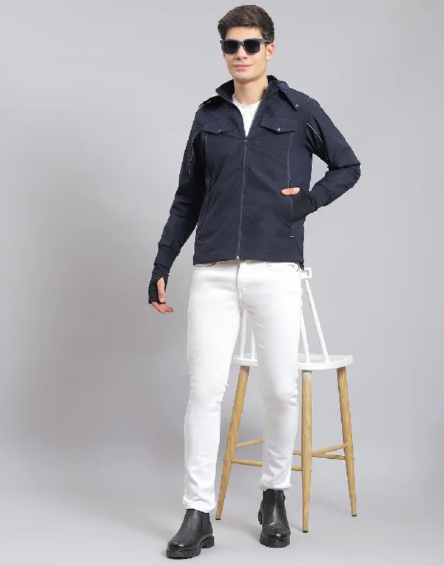 Special Offer Men Navy Blue Solid Hooded Full Sleeve Jacket