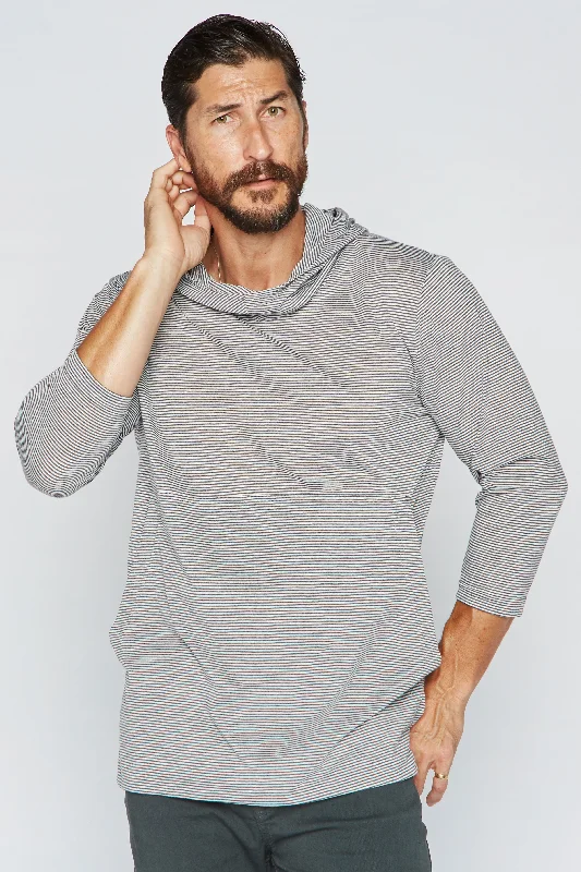 Extra Savings Men's 3/4 Sleeve Cowl Neck Visor Hoodie - Grey & White Stripe