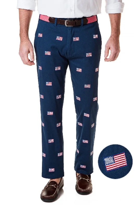 New Markdowns Harbor Pant Stretch Twill Nantucket Navy with American Flag