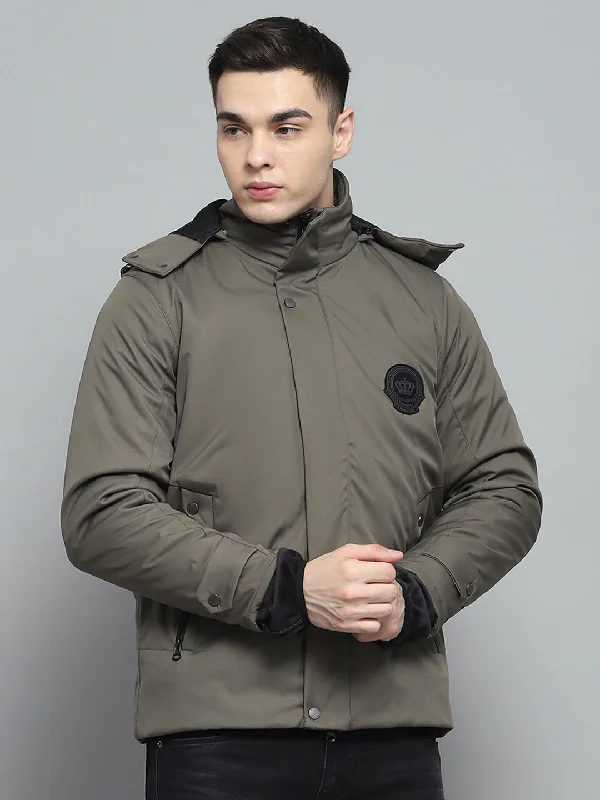 Low Prices Men Olive Solid Detachable Hood Full Sleeve Jacket