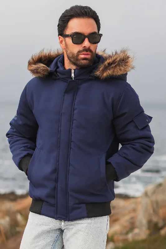 Stock Clearance Imported Parka Jacket - Navy (removable hood)
