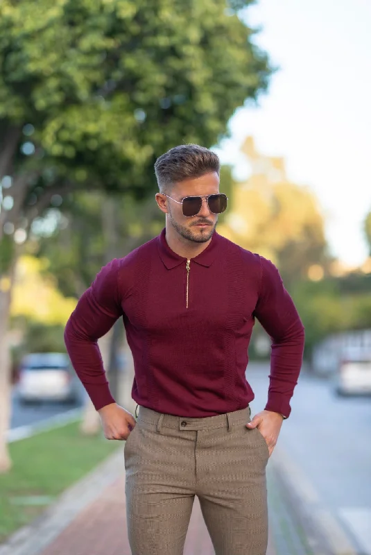 Weekend Shopping Extravaganza Father Sons Classic Burgundy and Gold Zip Knitted Long Sleeve Polo Shirt - FSH566 Weekend Shopping Extravaganza Father Sons Classic Burgundy and Gold Zip Knitted Long Sleeve Polo Shirt - FSH566