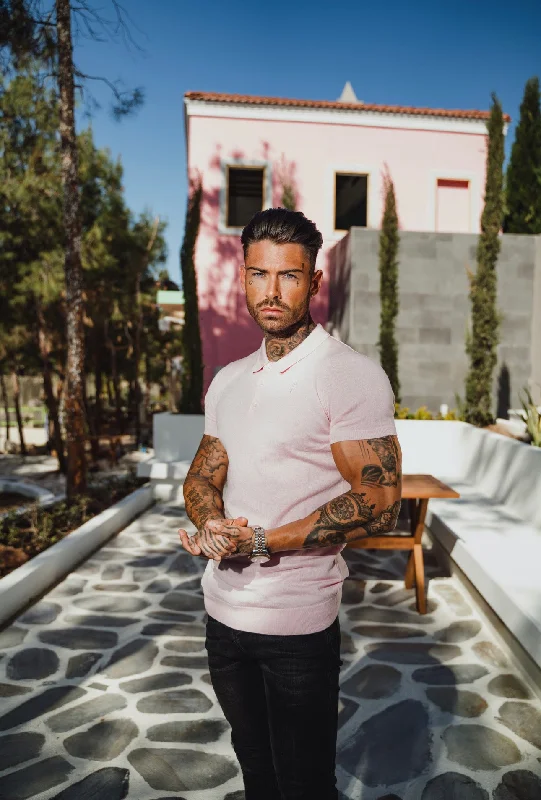 Weekend Specials to Grab Father Sons Classic Pale Pink Merino Wool Knitted Polo Jumper Short Sleeve With FS Embroidery- FSN028 Weekend Specials to Grab Father Sons Classic Pale Pink Merino Wool Knitted Polo Jumper Short Sleeve With FS Embroidery- FSN028