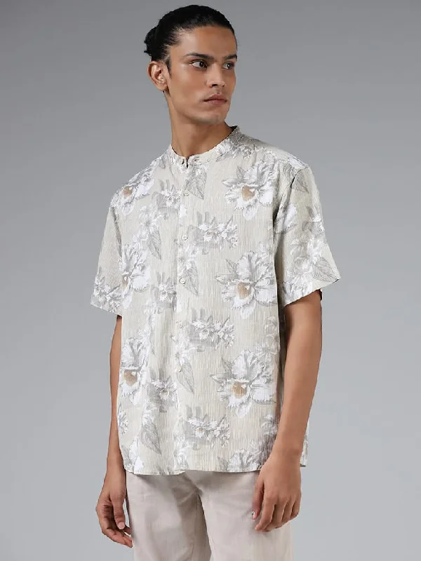 Last Chance ETA Beige Floral Printed Cotton Relaxed-Fit Shirt