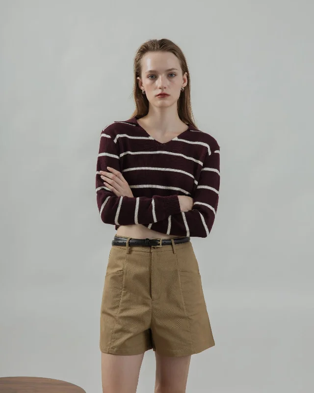 Take Action Striped Collar Long Sleeve Top (Maroon Stripes)