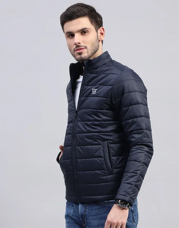 Online Only Men Navy Blue Solid Band Collar Full Sleeve Jacket
