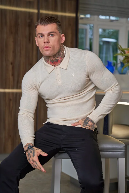 Weekend Offers You Can't Ignore Father Sons Classic Beige Merino Wool Knitted Polo Jumper Long Sleeve With FS Embroidery- FSN016 Weekend Offers You Can't Ignore Father Sons Classic Beige Merino Wool Knitted Polo Jumper Long Sleeve With FS Embroidery- FSN016