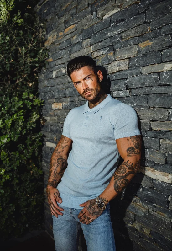 Weekend Bargains to Cherish Father Sons Classic Powder Blue Merino Wool Knitted Polo Jumper Short Sleeve With FS Embroidery- FSN030 Weekend Bargains to Cherish Father Sons Classic Powder Blue Merino Wool Knitted Polo Jumper Short Sleeve With FS Embroidery- FSN030