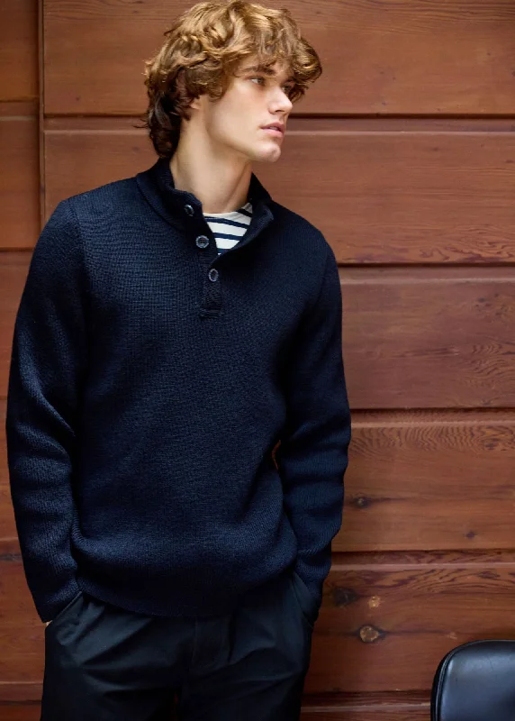 Markdown Sale BOURBOULE - Buttoned High Collar Sweater for Men | Comfort Fit | 100% Wool (NAVY)